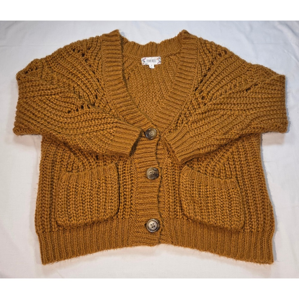 Pink Rose Womens Mustard Yellow Chunky Knit Button Up Boho Sweater Medium